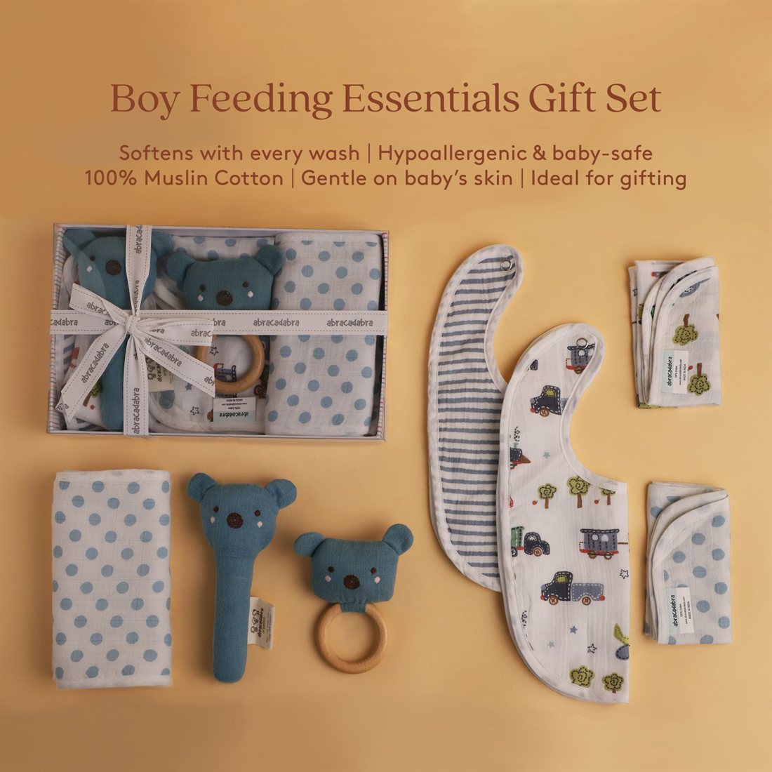 Boy feeding essentials gift set with koala rattle, bibs, teether, burp cloth and muslin wipes