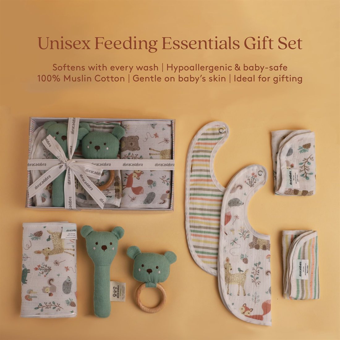 Unisex feeding essentials gift set with bear rattle, woodland bibs, teether, burp cloth and muslin wipes