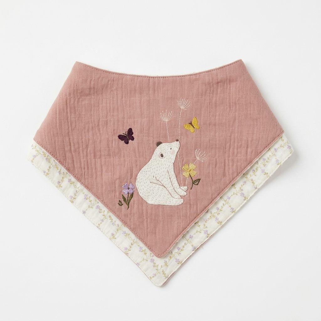 Meadow bandana bib with embroidered bear