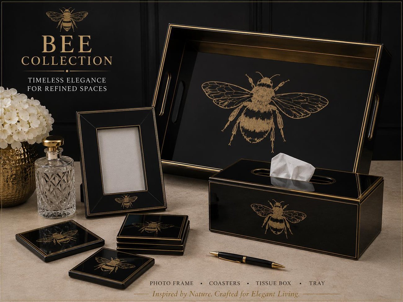 Bee Collection — gold on black lacquer décor set