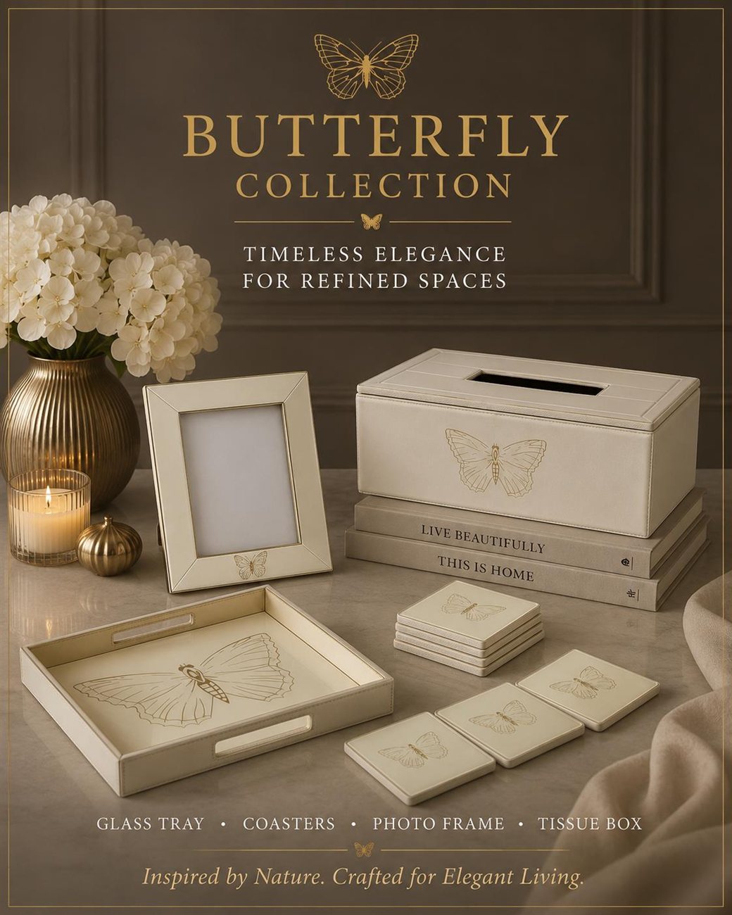 Butterfly Collection Cream — cream and gold lacquer décor set