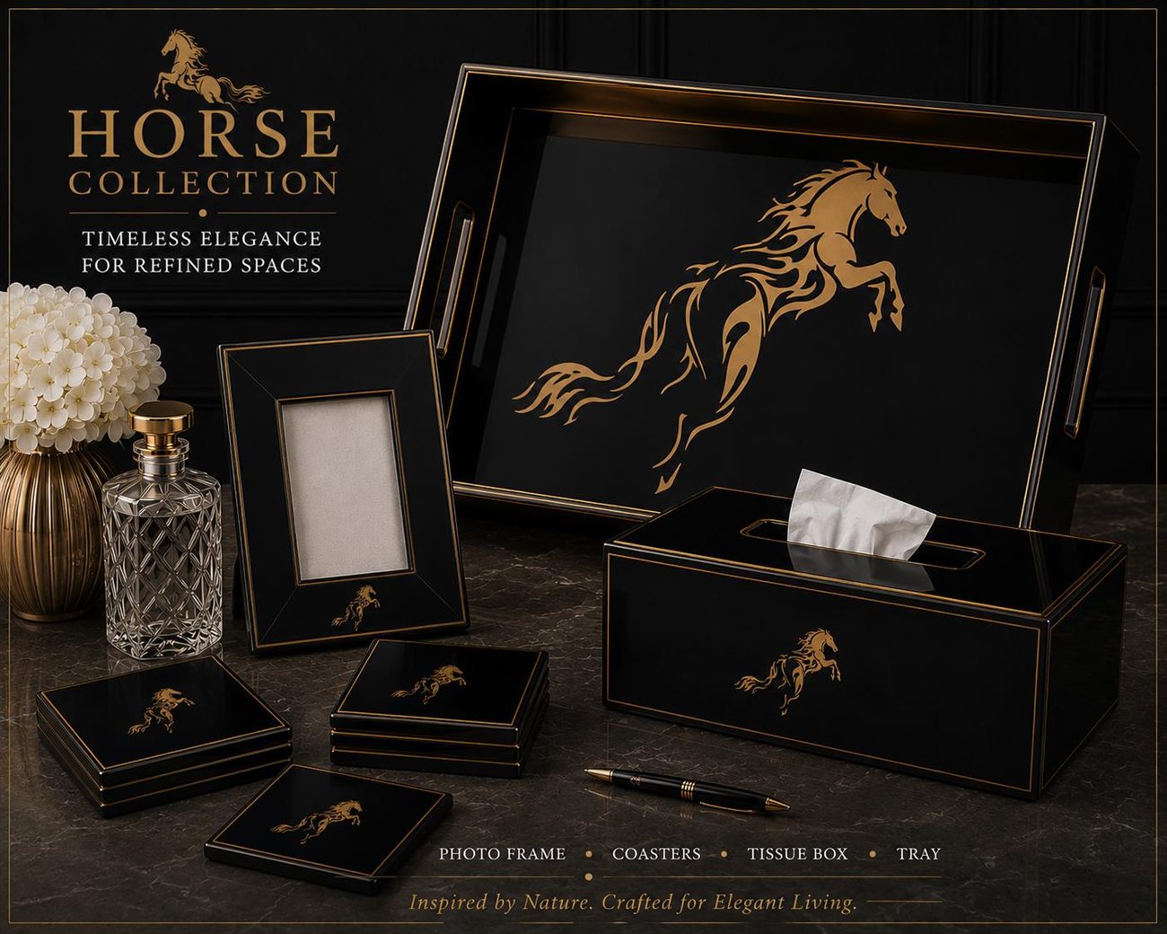 Horse Collection — gold on black lacquer décor set