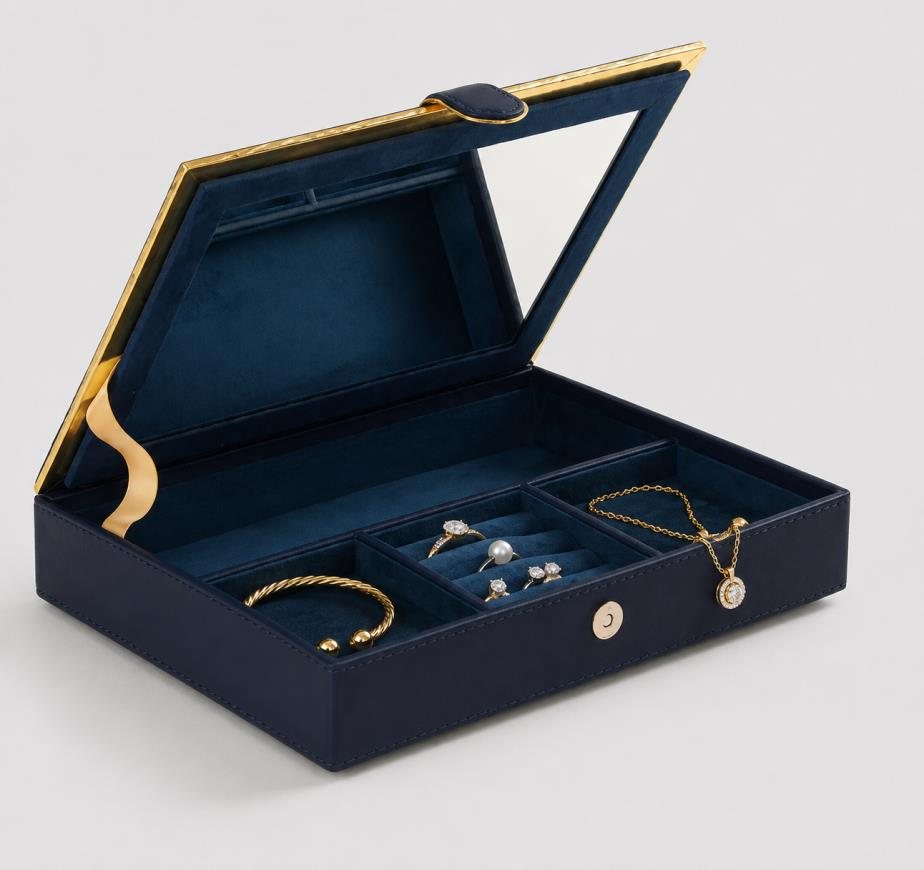 Navy leather jewellery box with gold trim and mirror