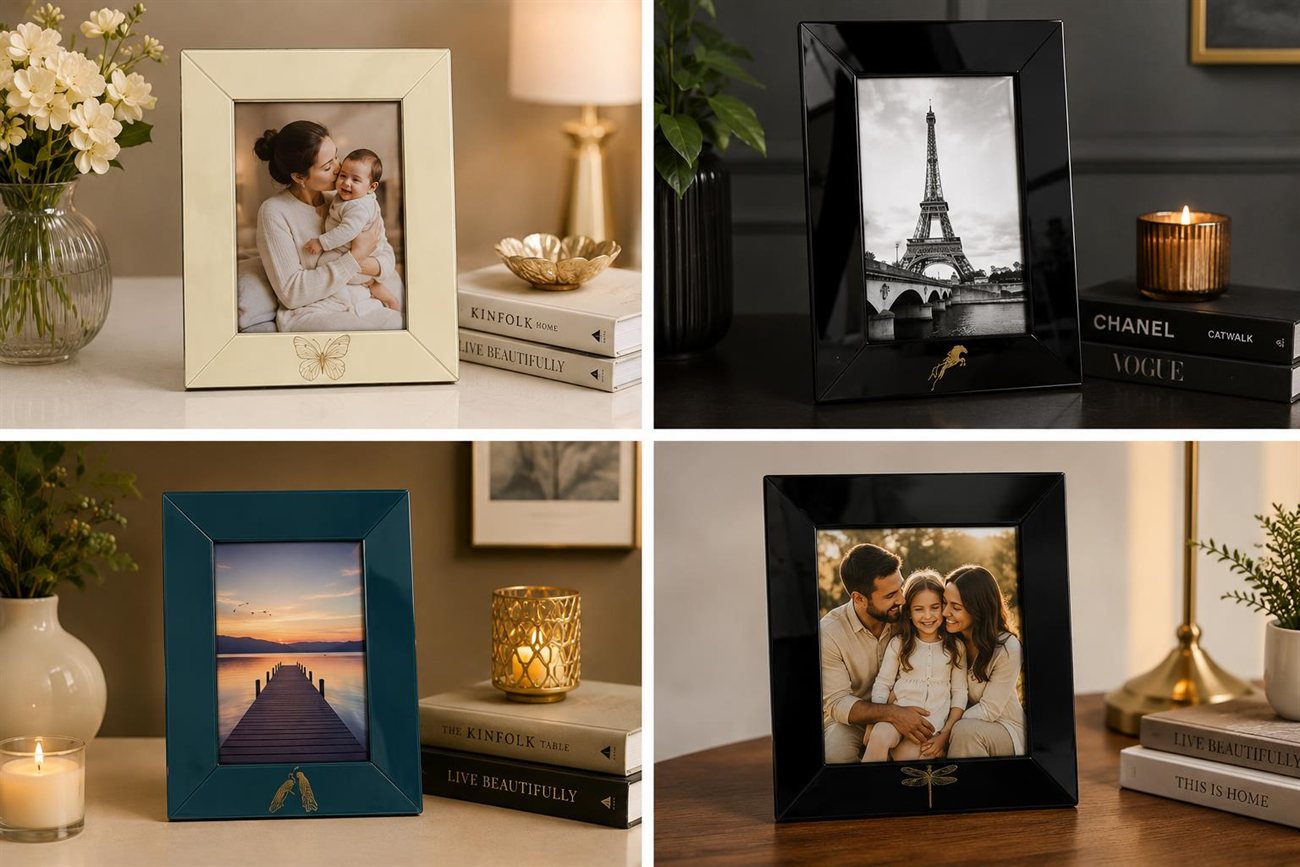 Lacquer photo frames in butterfly, horse, peacock and dragonfly motifs