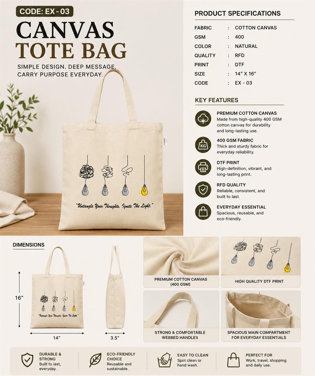 Tote spec sheet EX-03 — cotton canvas, 400 GSM, DTF print, 14 by 16 inches