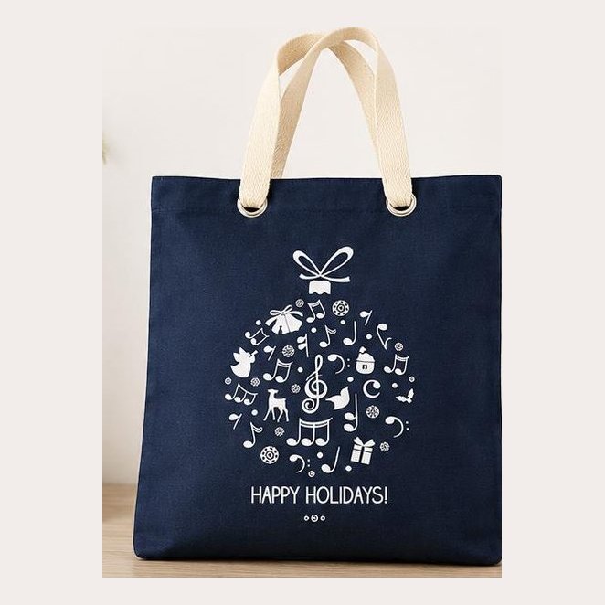 Navy canvas tote with Happy Holidays festive bauble print