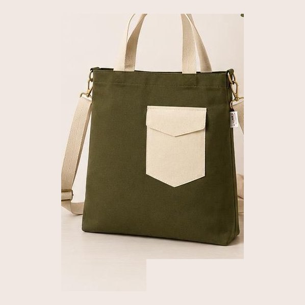 Olive canvas tote with contrast pocket and sling