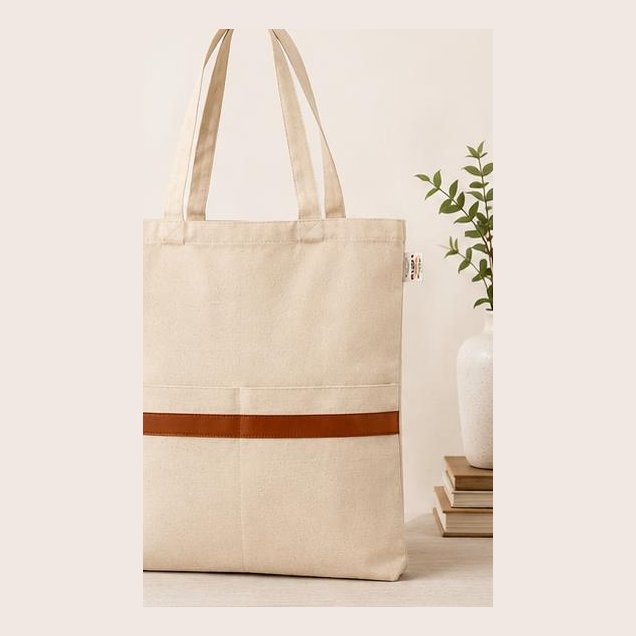 Natural canvas tote with tan leatherite strip and dual pockets