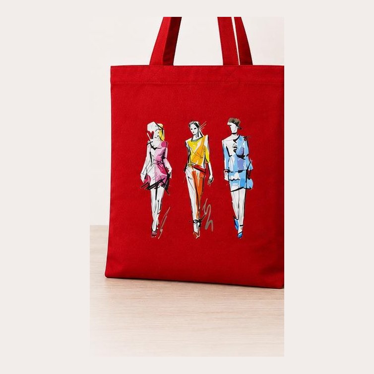 Red canvas tote with fashion illustration print