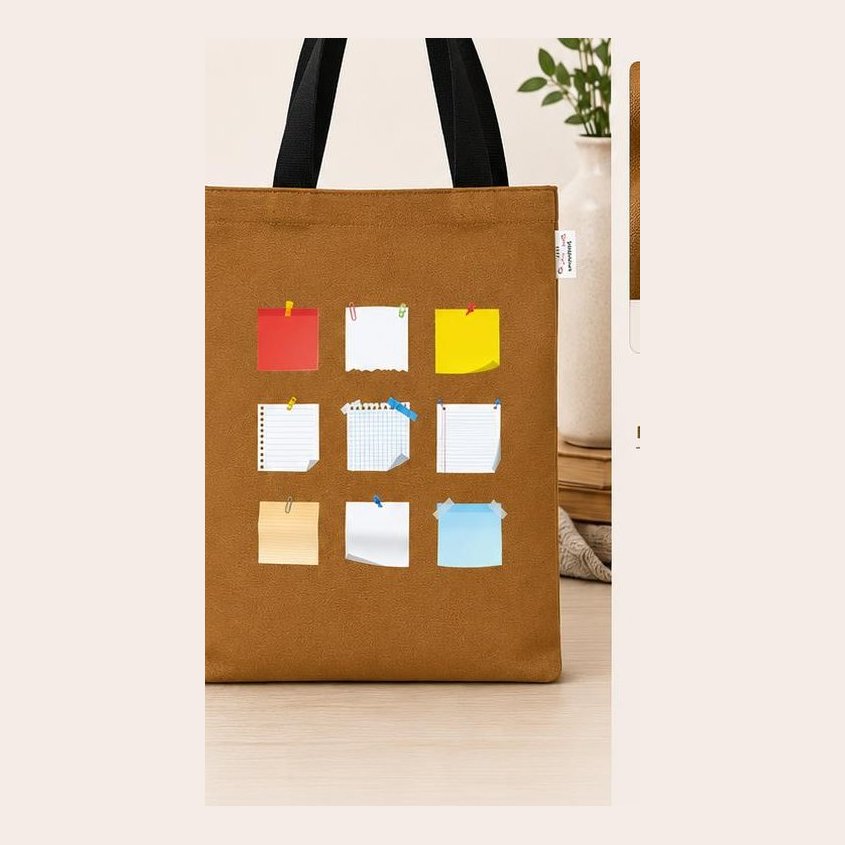 Tan canvas tote with sticky-notes print and black handles