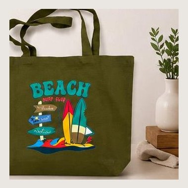 Olive canvas tote with Beach Surf Club print