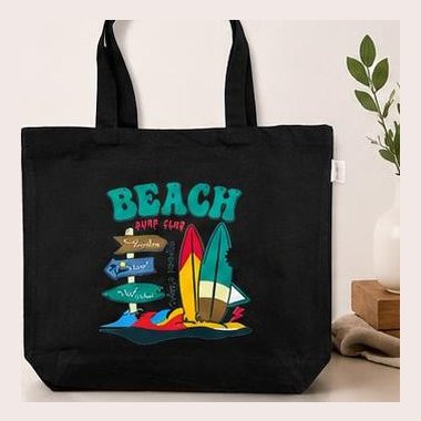 Black canvas tote with Beach Surf Club print