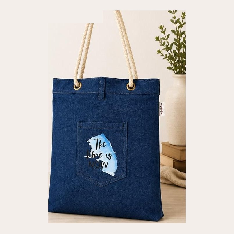 Denim tote with rope handles and The Time Is Now print