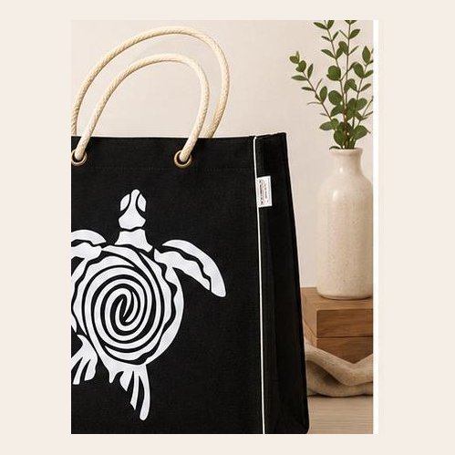 Black jute-look tote with white sea turtle print and rope handles