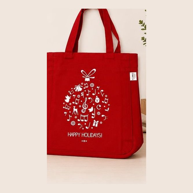 Red canvas tote with white Happy Holidays festive bauble print